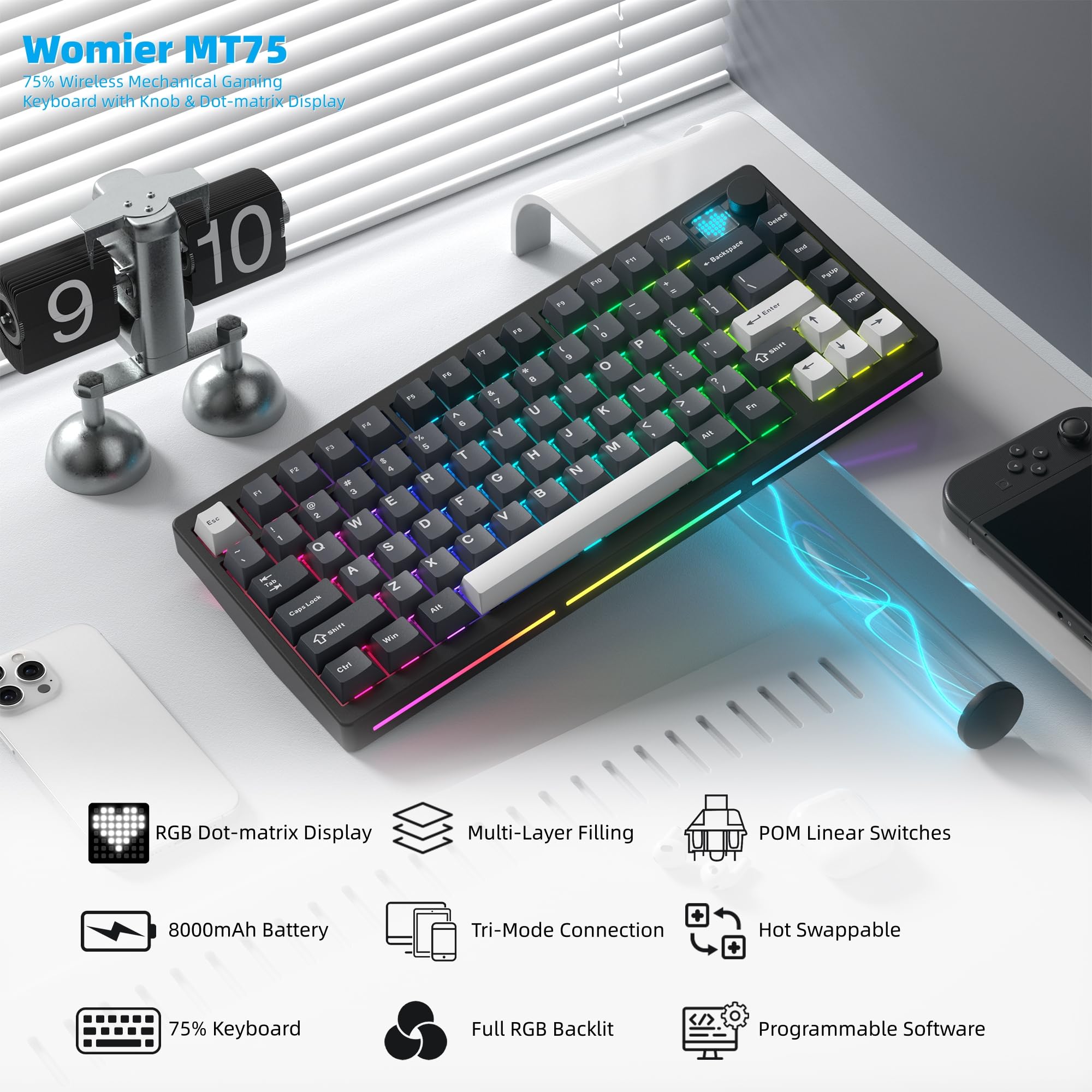 Womier MT75 Wireless Mechanica - Gaming Keyboard Thocky ulasan dan harga